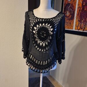 CUPSHE Women's Cover Up Black Crochet Short Sleeves